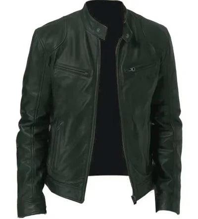 Men's Slim Fit PU Leather Jacket, Stand Collar, Anti‑Wind Motorcycle Style