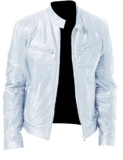 Men's Slim Fit PU Leather Jacket, Stand Collar, Anti‑Wind Motorcycle Style
