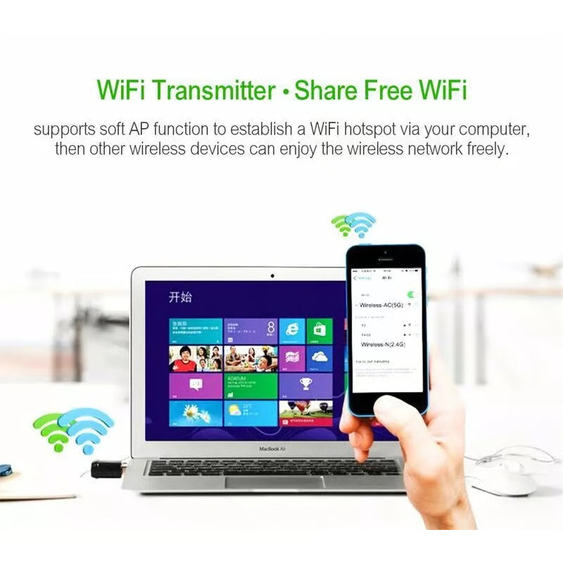 600Mbps Wireless USB Ethernet PC WiFi AC Adapter Lan 802.11 Dual Band 2.4G / 5G