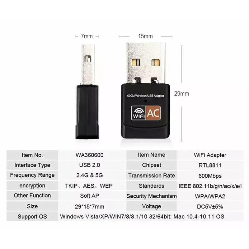 600Mbps Wireless USB Ethernet PC WiFi AC Adapter Lan 802.11 Dual Band 2.4G / 5G